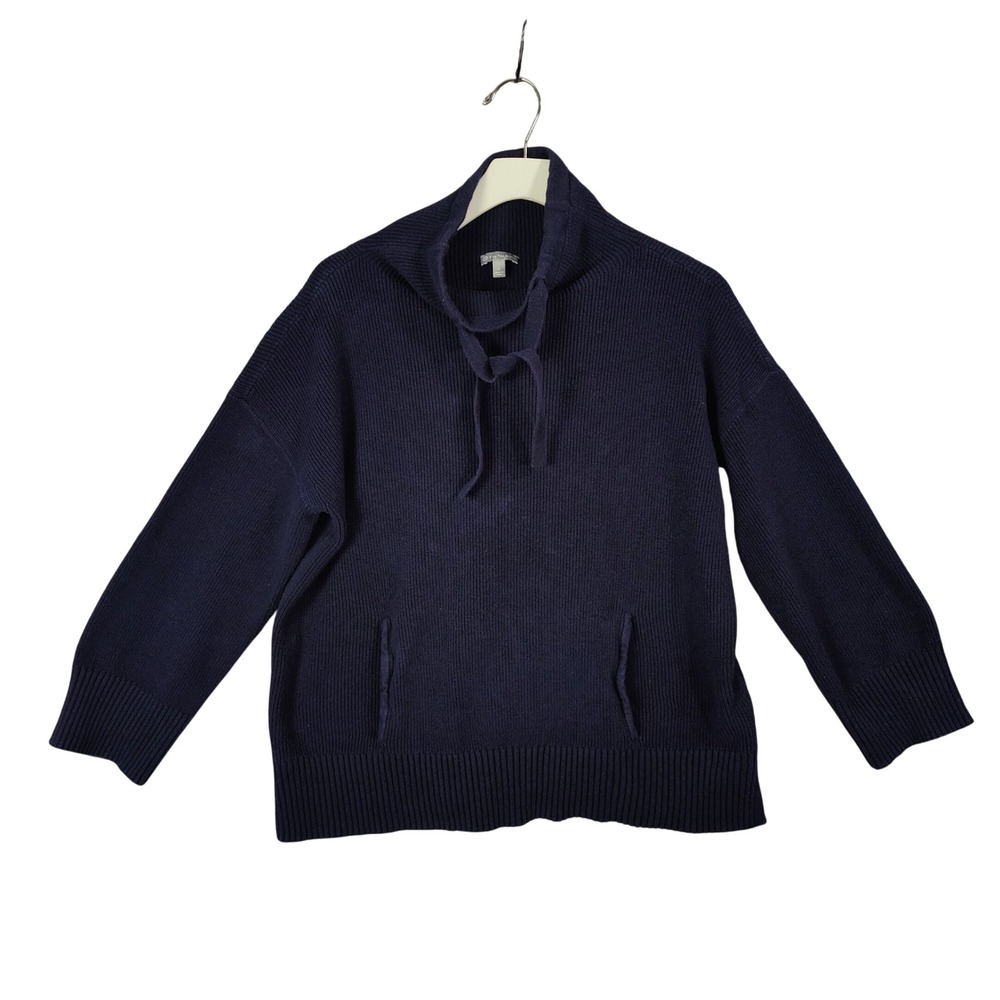 Talbots Womens Coastal Preppy Minimalist Sweater L Navy Funnel Tie Neck Ribbed